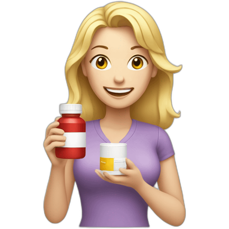 Happy blonde Mom holding pill bottle emoji