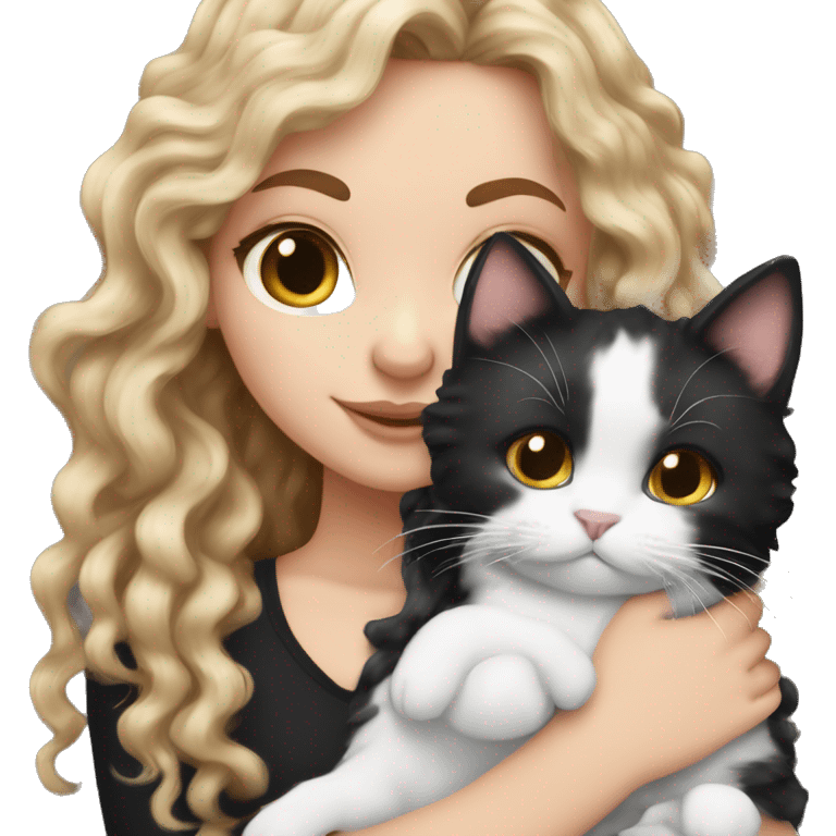 White Girl long curly brunette hair cuddling with black and white cat emoji