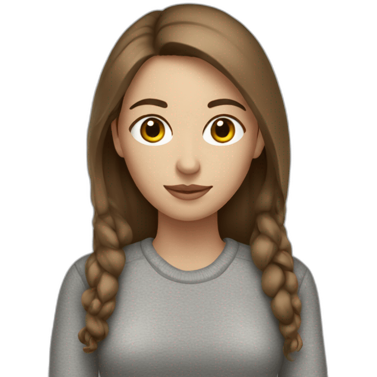 A woman with a white skin, brown hair and a gray pull over emoji