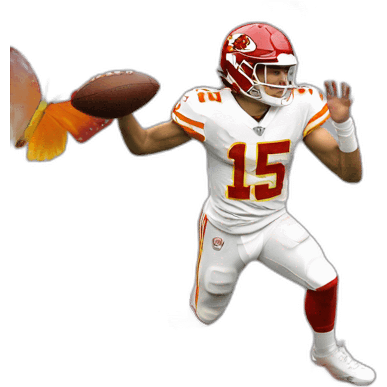 Mahomes with butterfly wings running with a football in his hands emoji