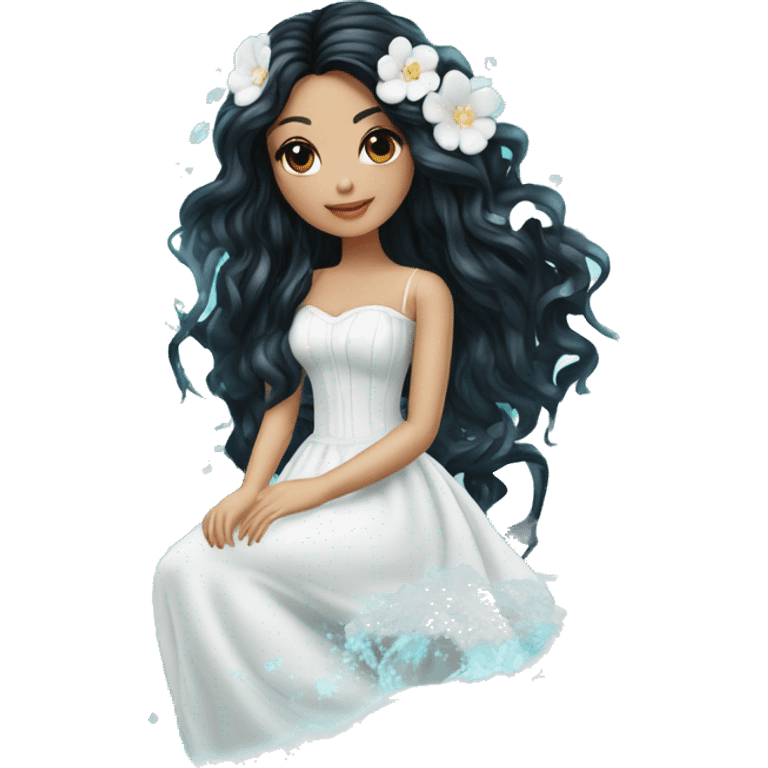 Pretty young Lady doll posing posed pose with long black hair flowers in hair white dress surrounded by flowing water water swirls waves emoji