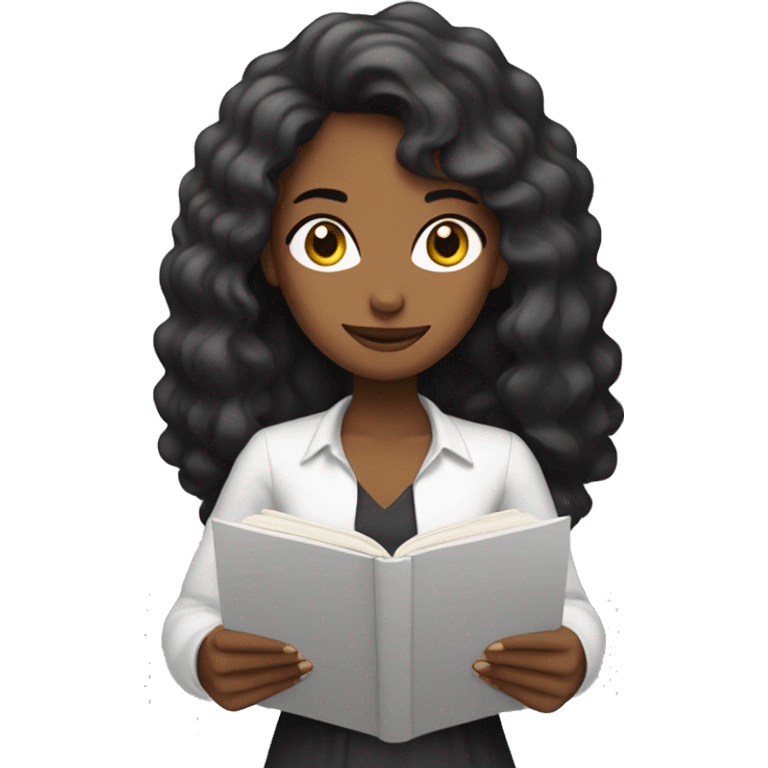 Chica blanca, pelo negro leyendo emoji