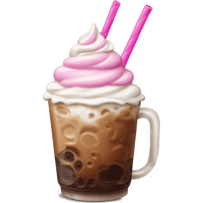 Iced coffee with whipped cream and pink straw emoji