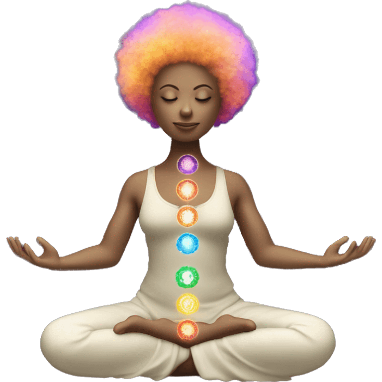 Meditating with aligned chakras glowing with galaxy Afro  emoji