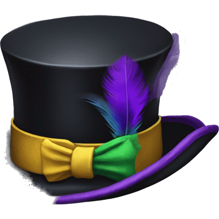 Realistic isolated black voodoo top hat with purple buckle around top of hat with purple,green,and yellow feather stuck in it. emoji