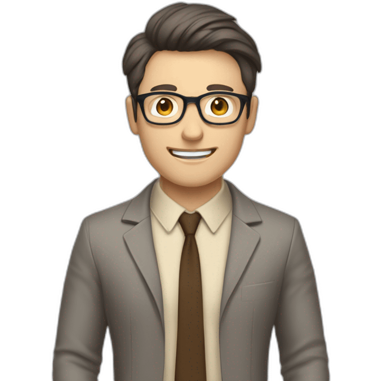 To belt Actively gesturing with hands Okay Pale skinned fit man with dark brown hair in gray jacket, beige office shirt, brown tie, brown pants and vintage glasses. emoji