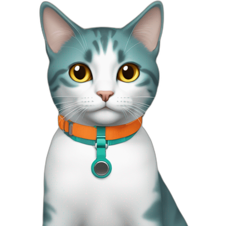 cat with orange colored neckband, a teal harness, with an airtag attached to the neckband emoji