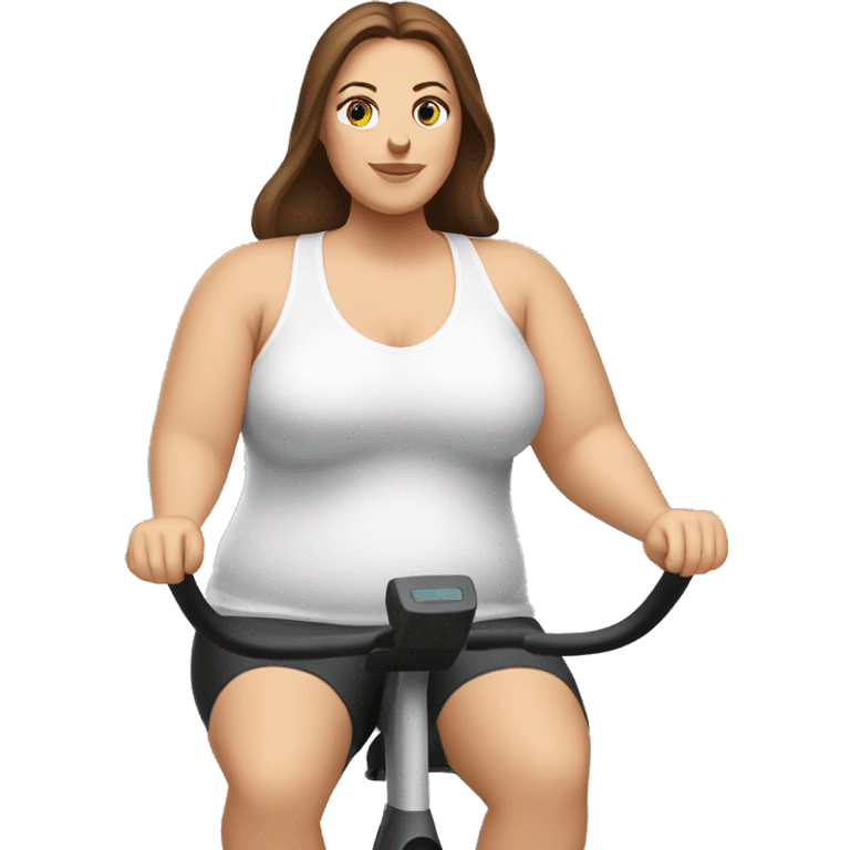 plus size white woman with medium length straight brown hair sitting on an exercise bike emoji