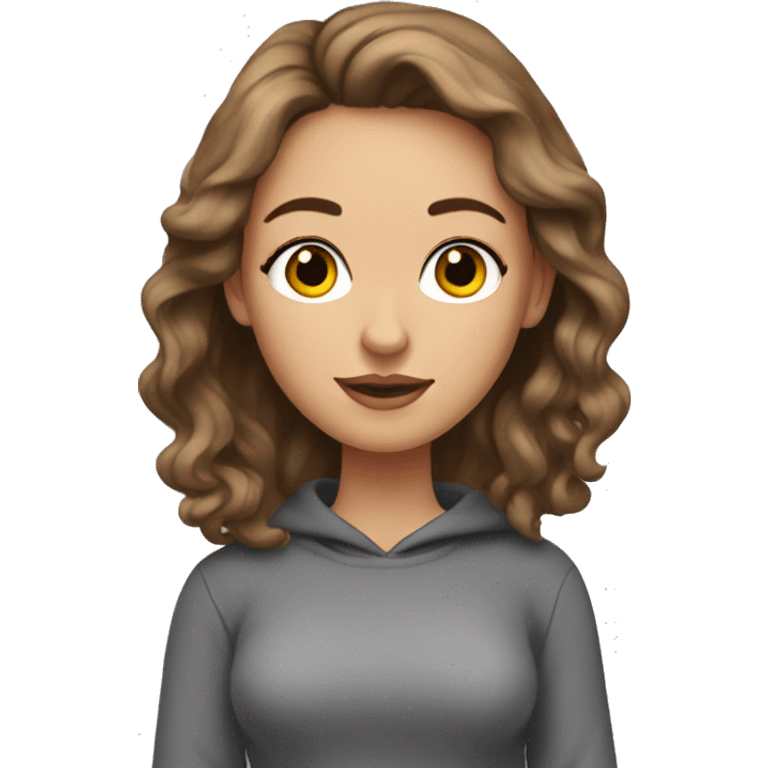 a white woman with eyelashes and long brown wavy hair. wearing a grey sweatshirt and black short skirt and holding books emoji