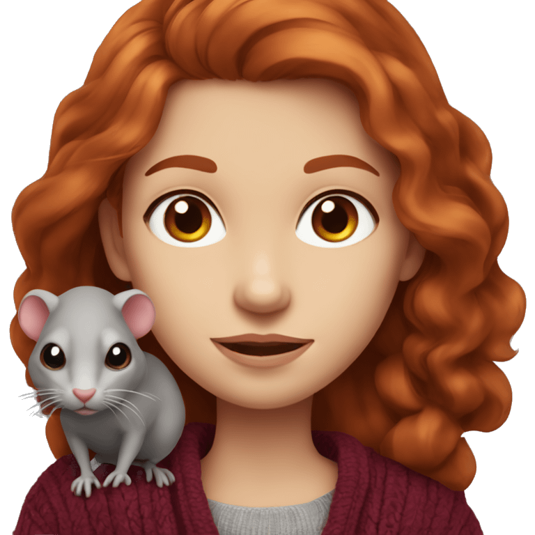 redhead girl with grey eyes with long hair and Dyson styling in a burgundy sweater and a rat on her shoulder emoji