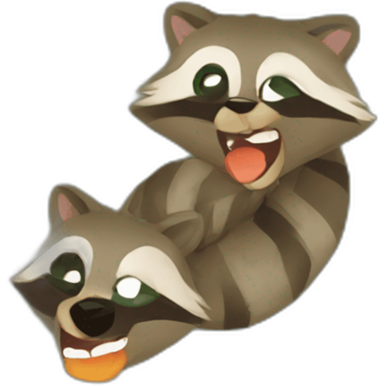 brown raccoon with orange eyes and a dark green hood that is laughing emoji