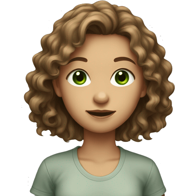 Brown wavy hair girl with green eyes in a T-shirt  emoji