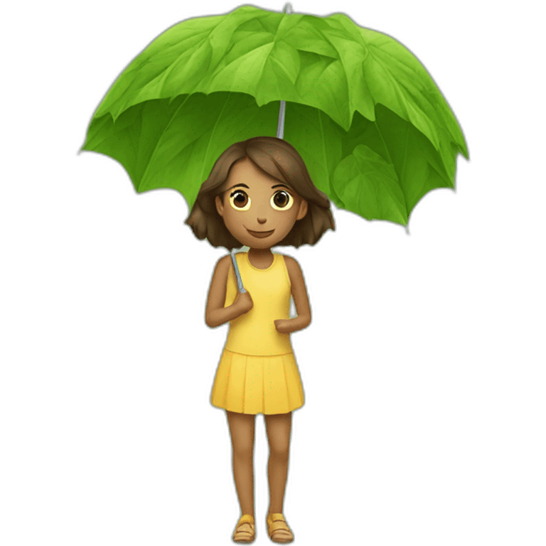 A girl, an umbrella made of leaves emoji