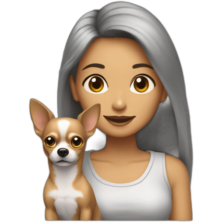 mujer con pelo muy largo gris y su perro Chihuahua emoji