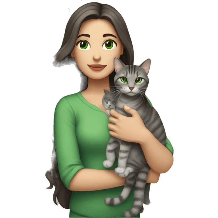 A woman with long dark brown hair and green eyes holds a gray tabby cat with green eyes in her arms emoji