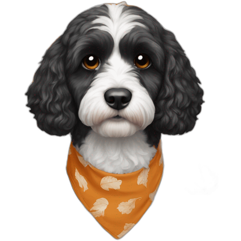 black and white cockapoo with a pumpkin and fall bandana emoji