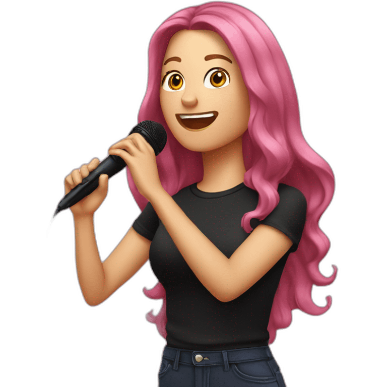 Caucasian woman with long hair and pink highlights, with a microphone singing, wearing a black t-shirt emoji