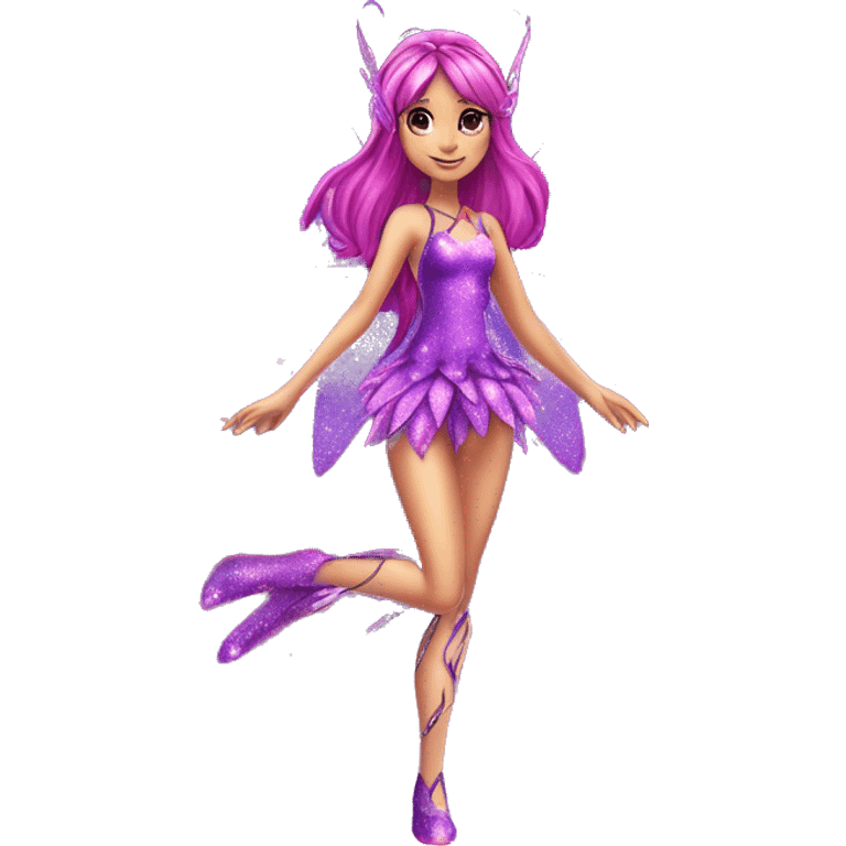 Tecna adult fairy of technology her enchantix fairy purple sparkling two-piece clothing and fairy enchantix wings and long dark pink hair in from winx club. Lots of sparkles and fairydust. Full body pic and full fairy bliss emoji