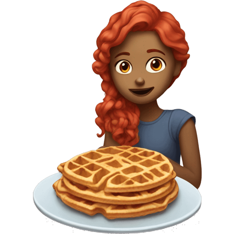 A girl with a red hair eating waffles  emoji