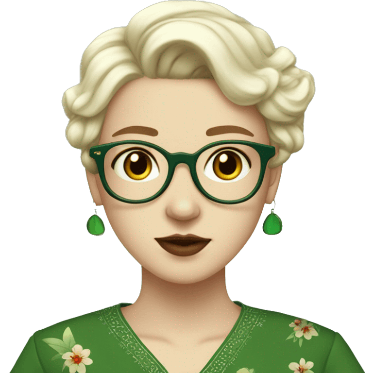 White girl in a green kurta with flower design, glasses, alot of piercing, gay, red lips, nose ring, full body, teen, short straight edgar hair,  emoji