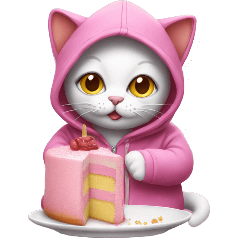 pink cat with hoodie eating cake emoji