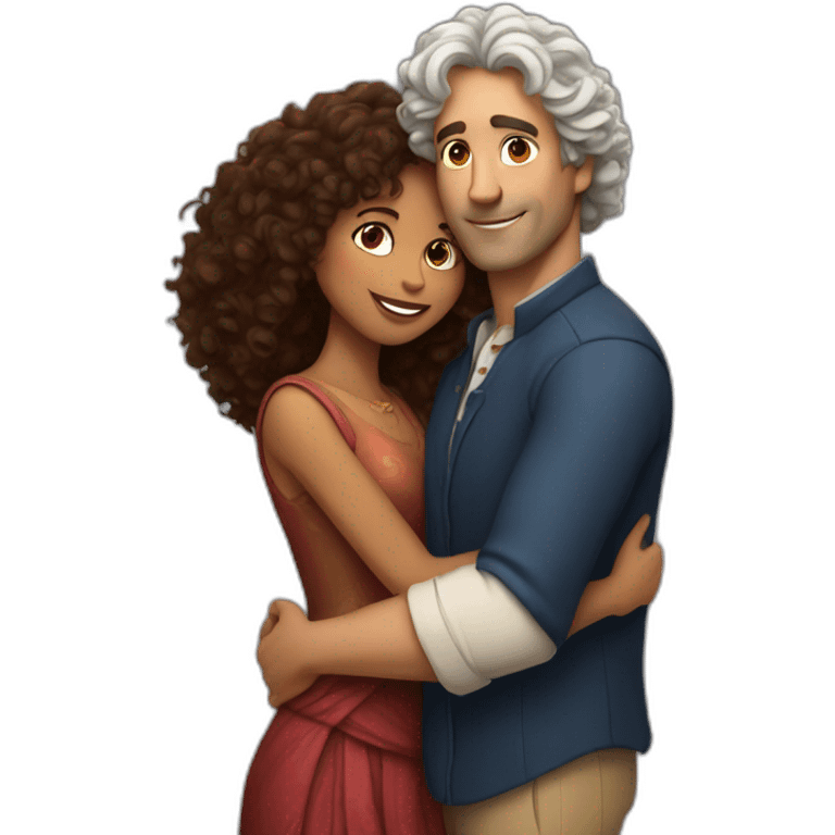 Tall French man hugging an Indian woman with curly hair emoji