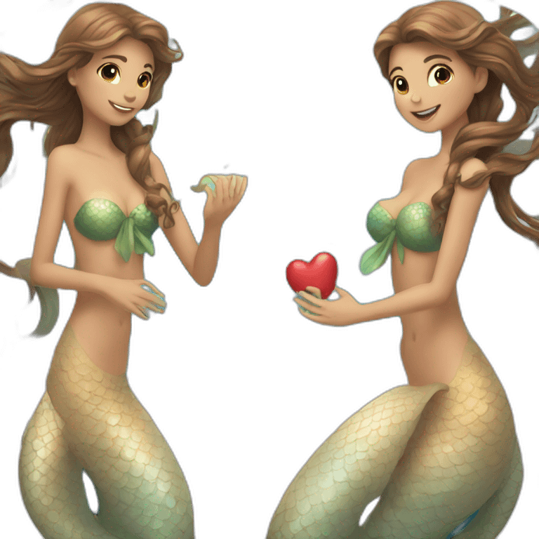 Two brown haired mermaids with their tails making a heart emoji