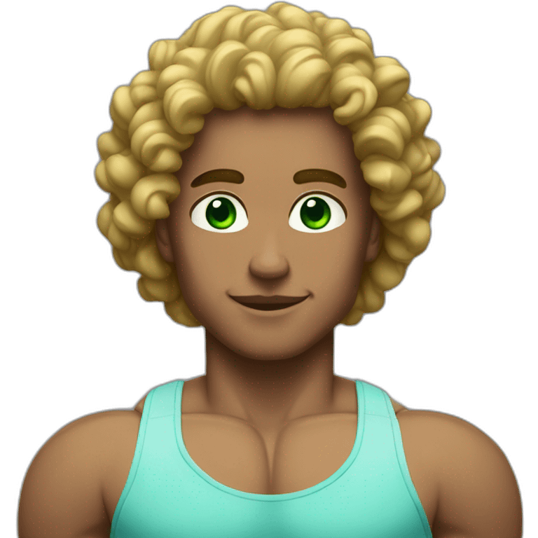 Bodybuilder with green eyes and brow curly hair model face no smile emoji