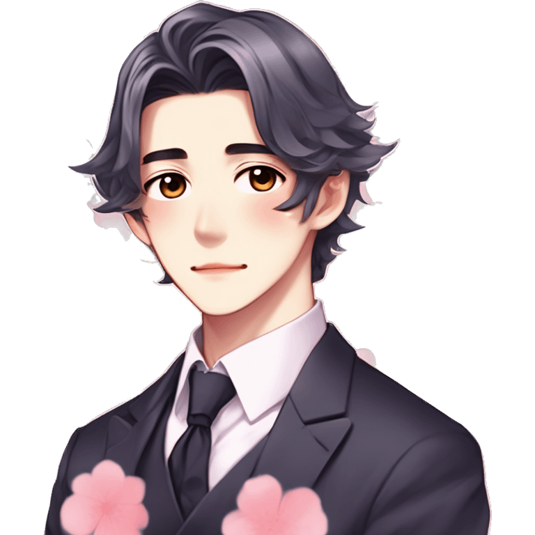 Gorgeous romantic hot attractive anime style Asian formal modern gentlemanly guy with pretty hair and flower petals and blushing face aesthetic trending style with colorful gradient colors  pastelcore cottagecore kawaiicore emoji