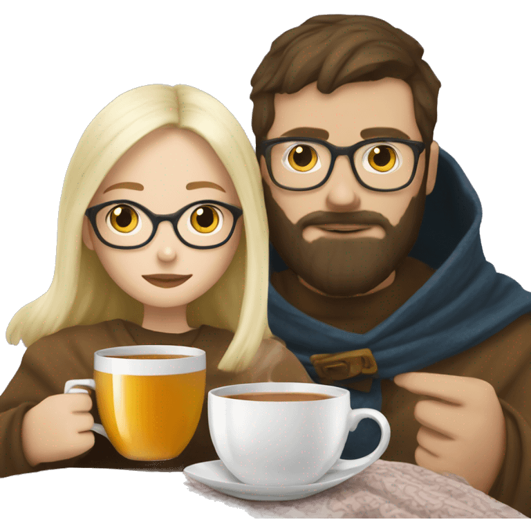 Pale blonde girl wearing glasses drinking tea under blanket with bearded brunette man emoji