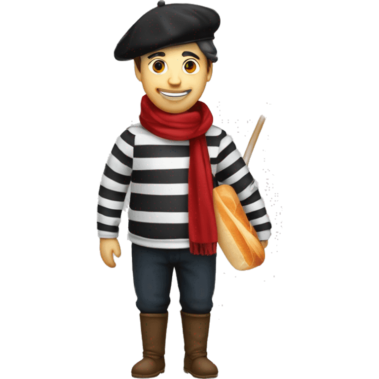 a french guy with a beret, black and white striped clothes, a red scarf and a baguette on his back. And a glass of red wine emoji