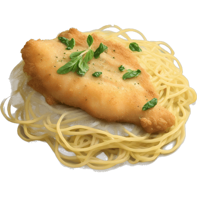 Realistic creamy breaded Chicken piccata with angel hair pasta emoji