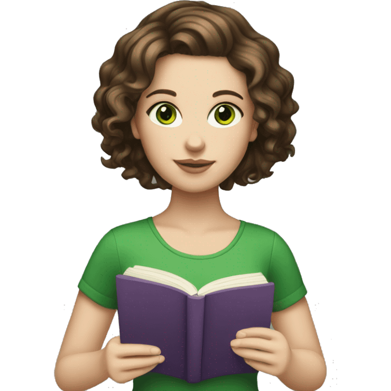 wavy hair brunette white girl with book with green eyes emoji