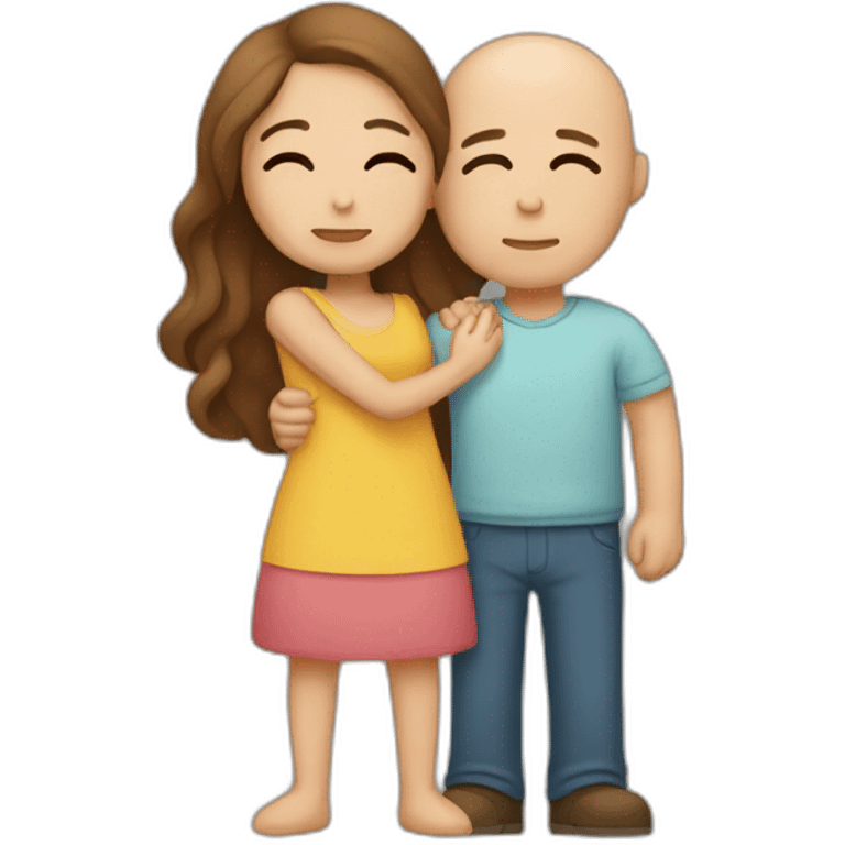 Bald male Hugging a woman with long brown hair for comfort but looking sad emoji