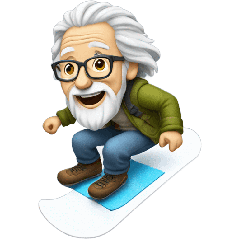 Old man in the air on a snowboard with long grey hair emoji