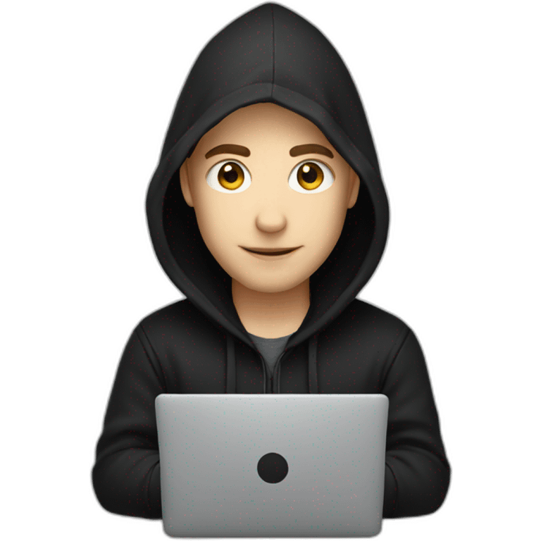 Young white developer with a black hood behind his laptop emoji