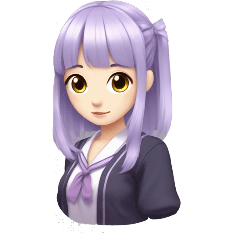 Anime girl with lilac hair, purple eyes, mole under eyes, japanese school uniform, bangs, straight long hair, hairband,  emoji