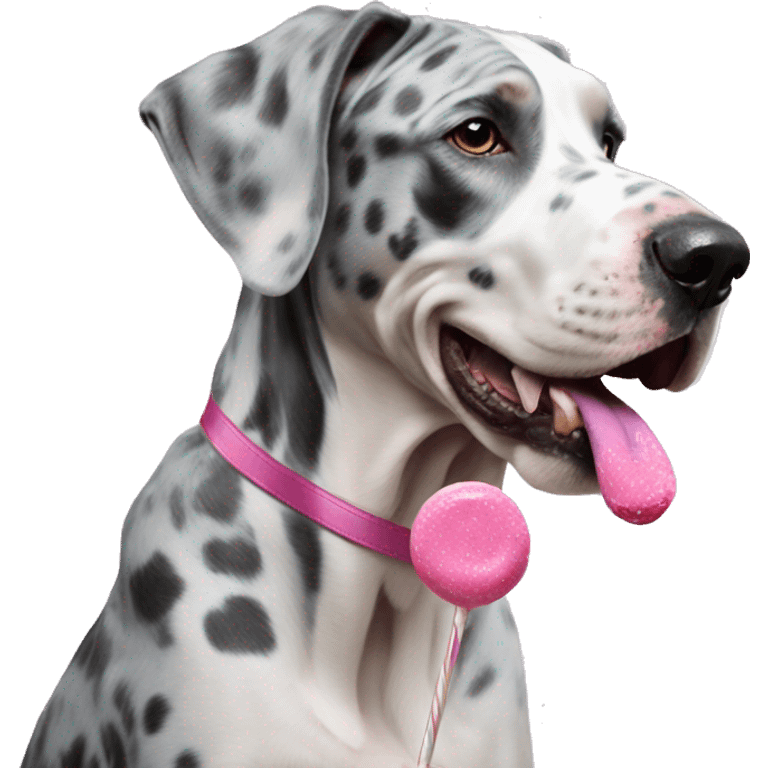 Blue Merle Great Dane eating pink lollipop emoji