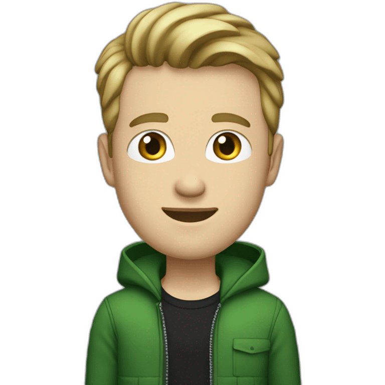 white guy, 30 years old, medium height, blue eyes, wearing a green bomber and black jeans. emoji