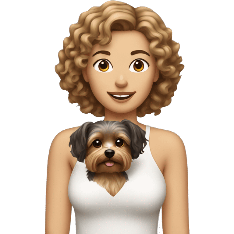 white women with curly medium length brunette hair, holding a yorkie dog emoji