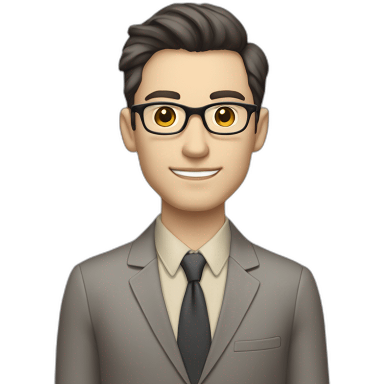 Full height Pale skinned Fit Man With dark brown hair in classic gray suit, beige office shirt, dark gray tie, and vintage glasses. His right hand is directed up emoji