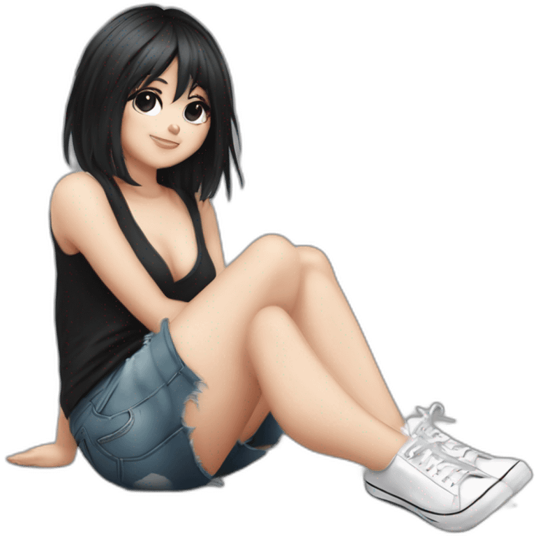 Full body curvy emo girl sits on the floor черная юбка белые трусики рваные полосатые чулки emoji