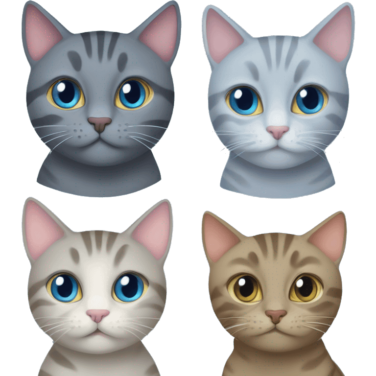 The grey tabby cat, the blue cat, the tabby cat and the silver creen play together emoji