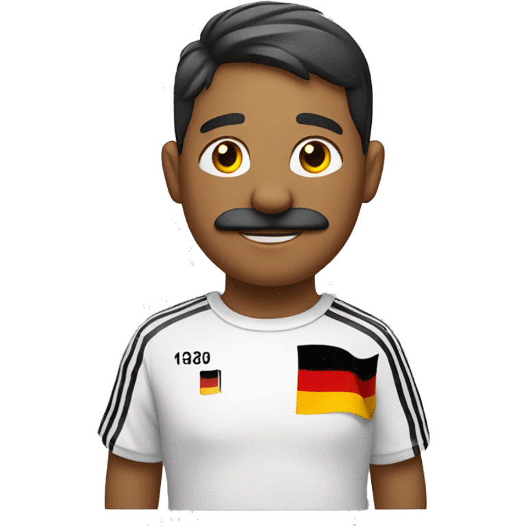 Guy standing at 45 degree angle with German flag on his shirt with his arm diagonally up and he has a mustashe emoji