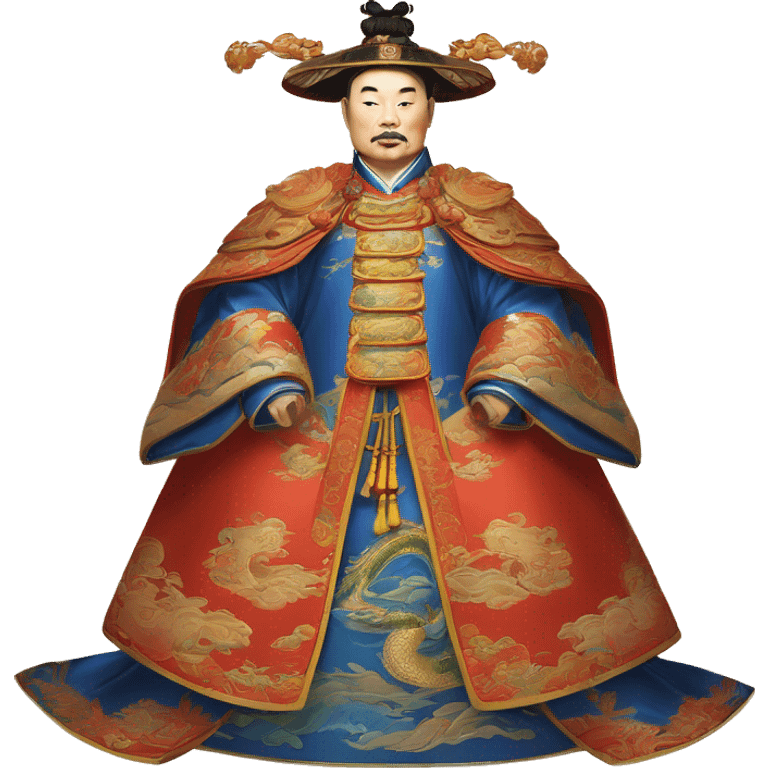 Qianlong, Qing dynasty's emperor, is recognized by his majestic attire: dragon-adorned imperial robes, a court headdress, and a ceremonial scepter. 🐉👑 emoji