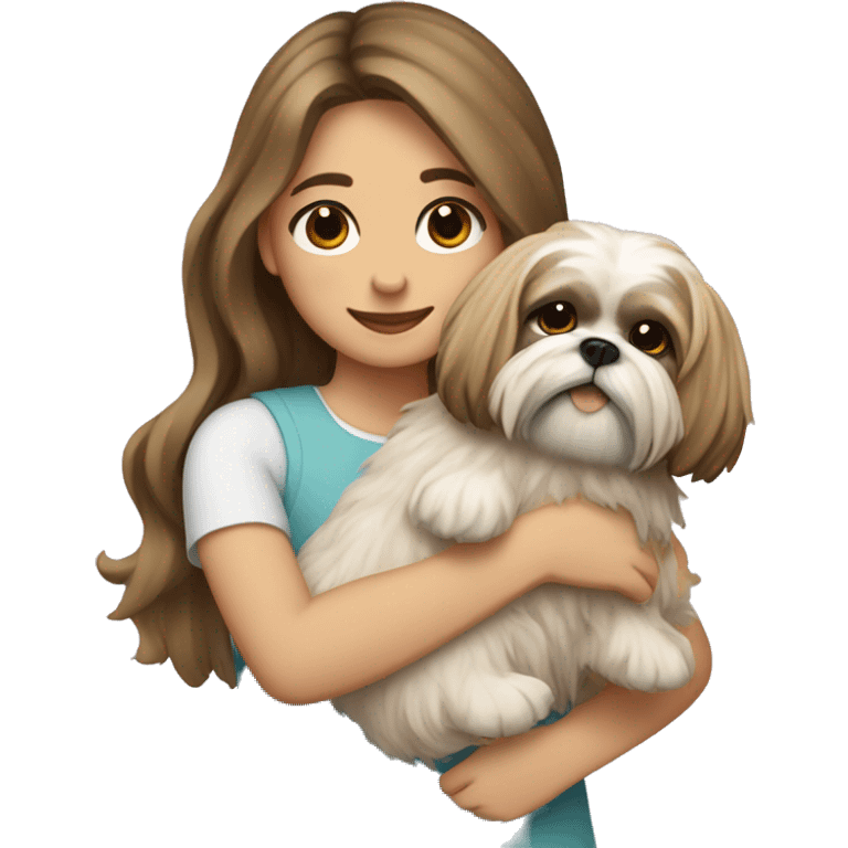 a girl with long, wavy brunette hair hugging a Shih Tzu with blonde fur and a cute bow emoji