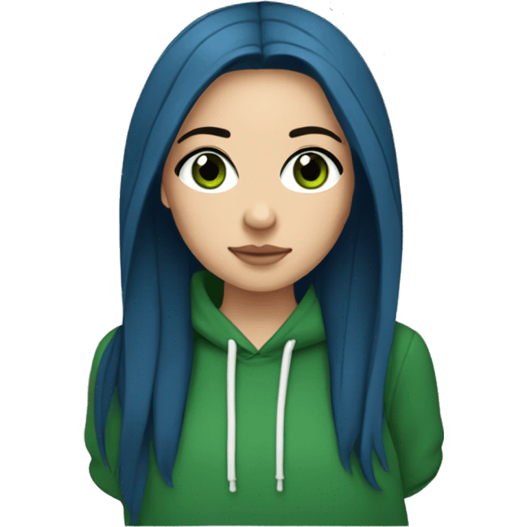 white girl with long straight dark blue hair wearing green hoodie and black eyeliner emoji