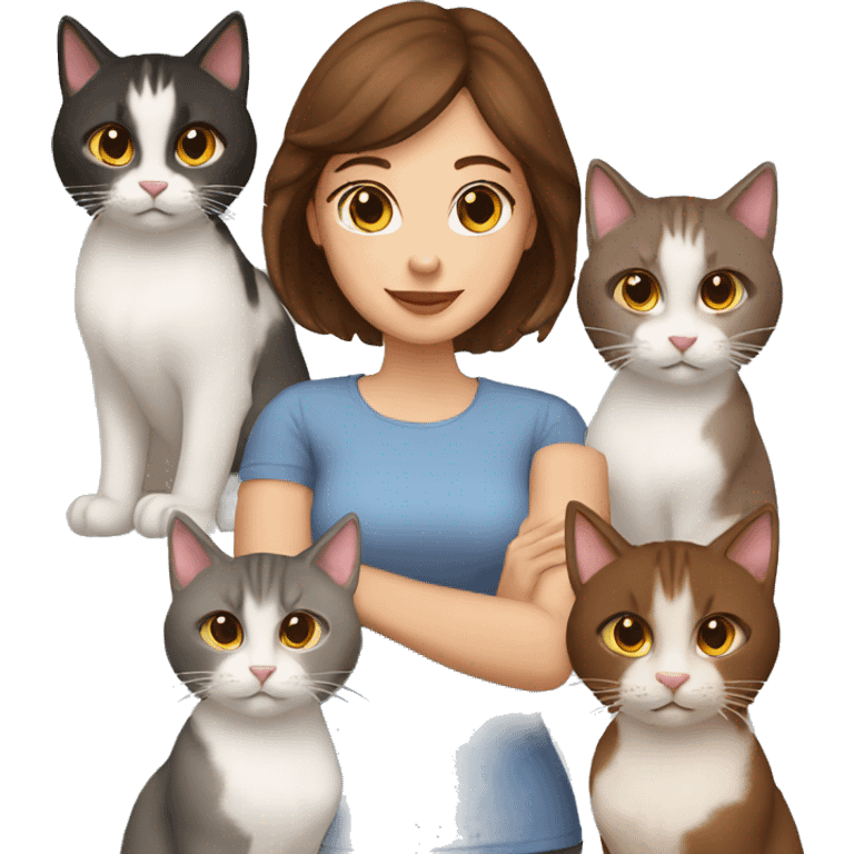 Woman with brown hair and brown eyes hold a five cats emoji