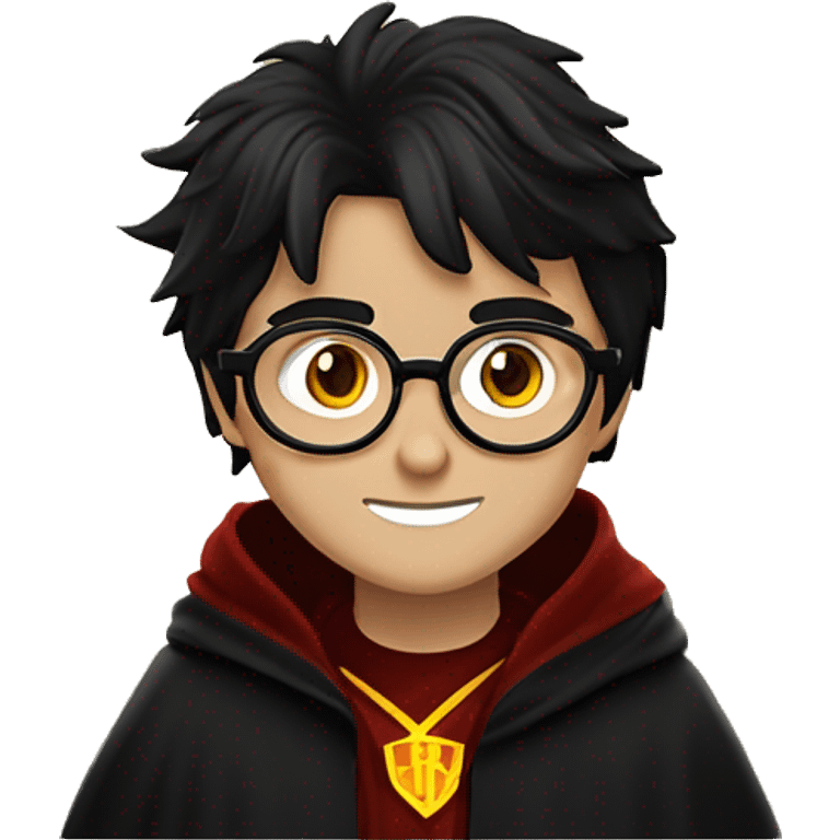 Create an emoji of a young wizard Harry Potter with round glasses, messy black hair, and a lightning-shaped scar on his forehead. He should have bright green eyes and be wearing a black robe with a red and gold Gryffindor scarf emoji