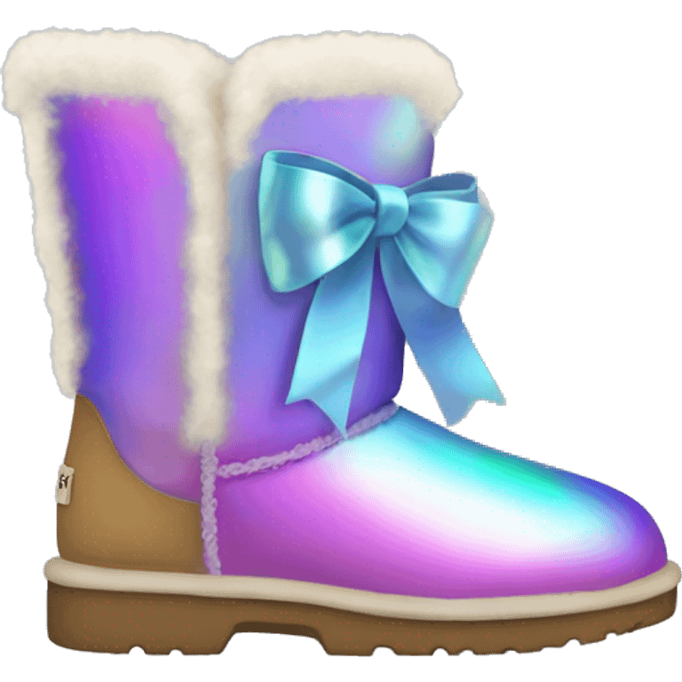 Pair of iridescent Ugg fur boots with ribbon bows. emoji